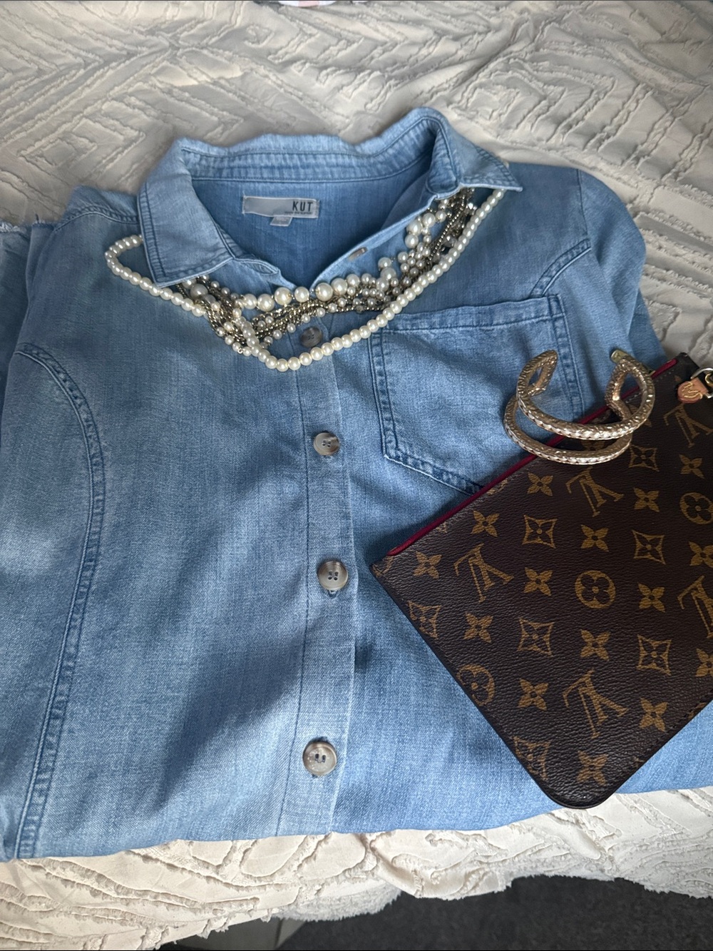 Kut from the Kloth Light Blue Denim Shirt with Pearl Layered Necklace